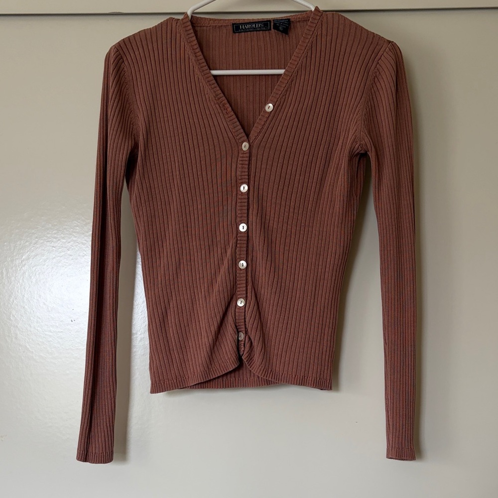 Harold's Ribbed Button-Front Long Sleeve Top in Rust, 100% silk